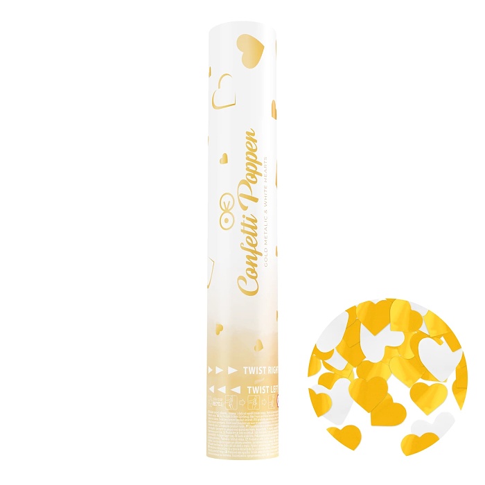 Konfety vystřelovací - bílé a metalické zlaté ve tvaru srdce, 30 cm