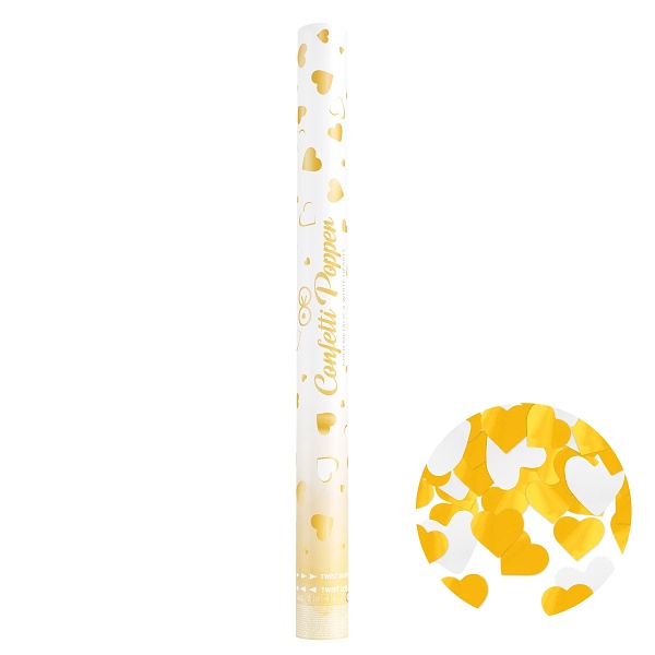 Konfety vystřelovací bílá a zlatá srdíčka 60 cm