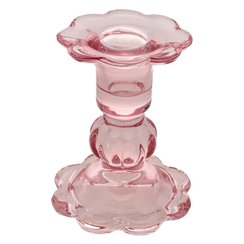 Svícen skleněný na nožce na úzkou svíčku Květ pastelově růžový 8 x 10 cm